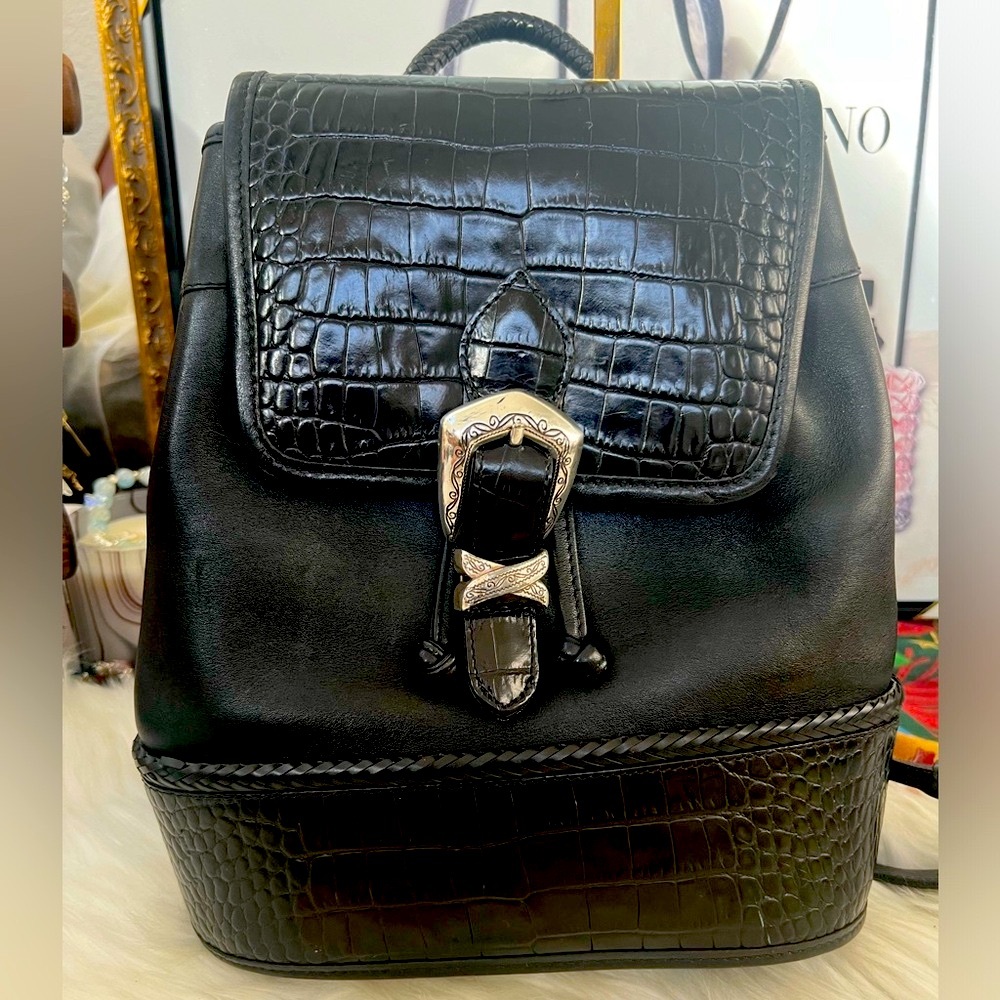 Brighton Elegant Black Croc-Embossed Backpack with Silver Accent